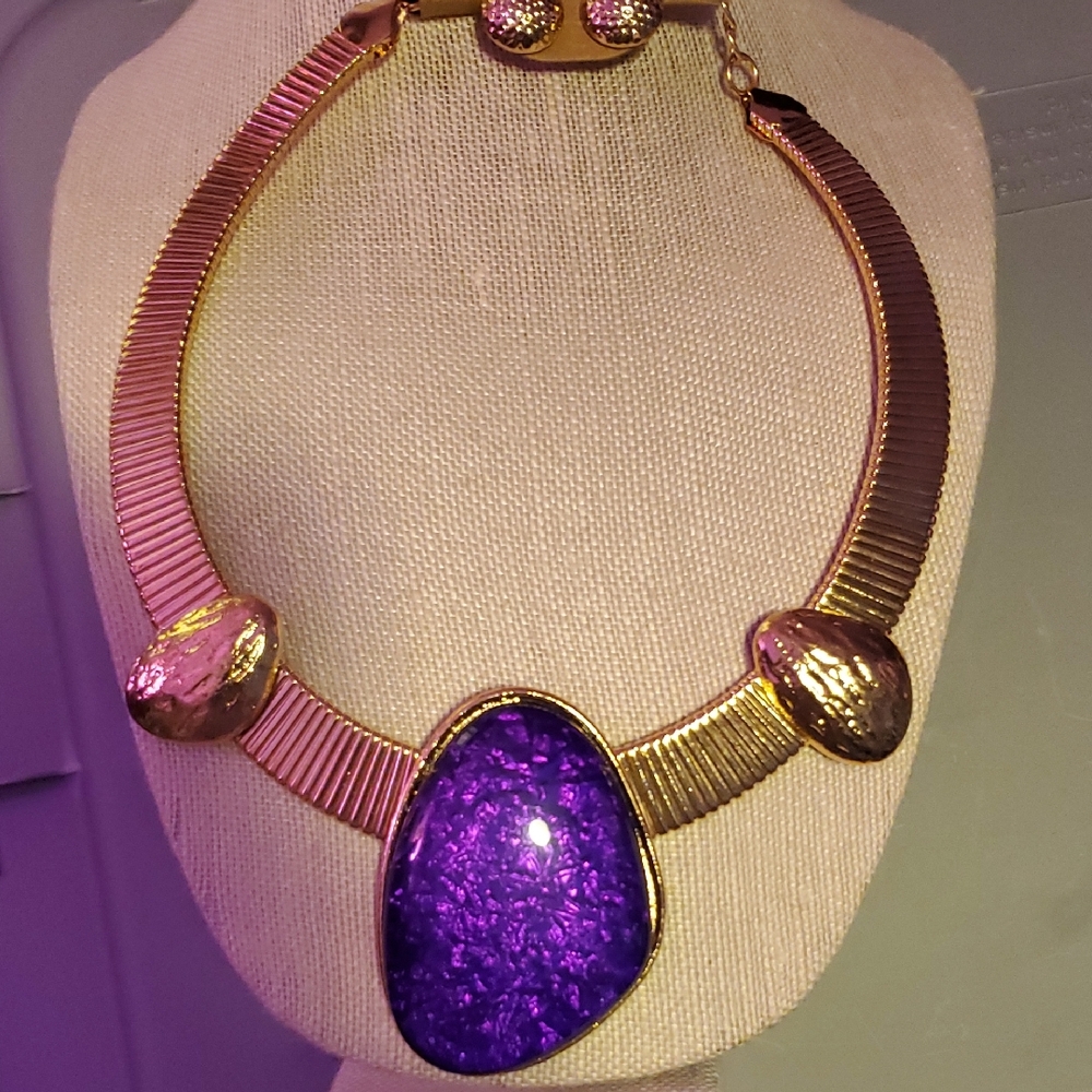 Gold and Purple Statement Gem Necklace SET